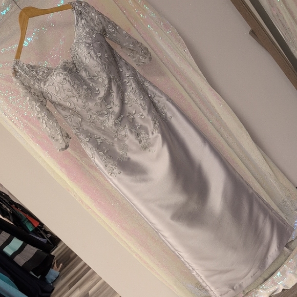 Cameron Blake Dresses & Skirts - Elegant Silver Lace Long Sleeve Dress